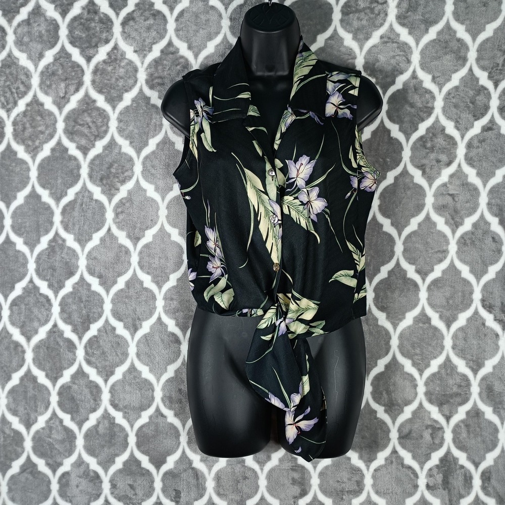 Tommy Bahama Sleeveless Top Womens Medium Black Silk Floral Tie Front Shirt